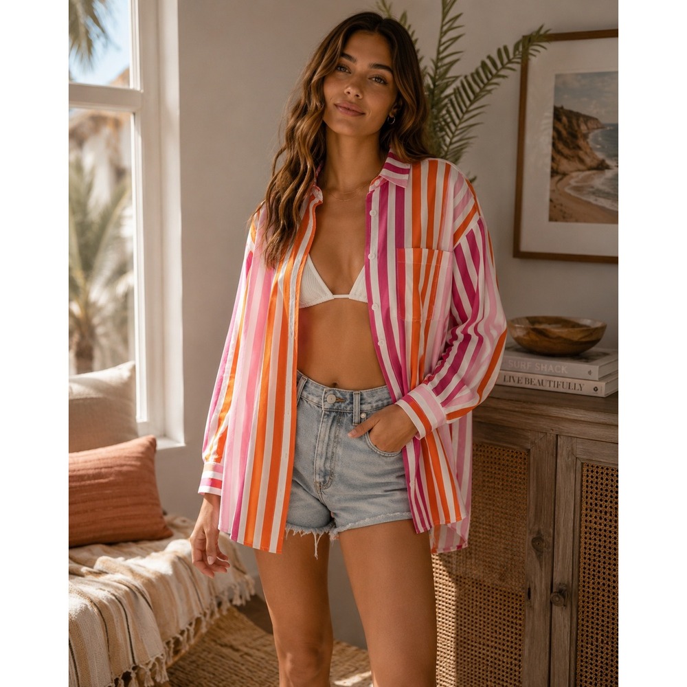 Beach Riot Shirt Womens S/M Pink Orange Striped Alexa Beach Coastal Preppy